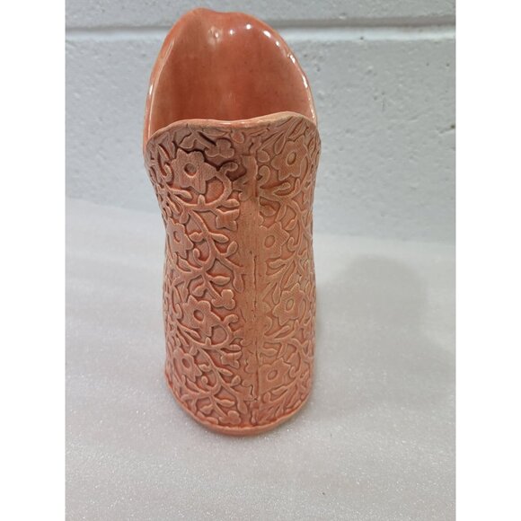 Embossed Orange Tulip Vase Handmade Ceramic Flowers Unique - Picture 4 of 8
